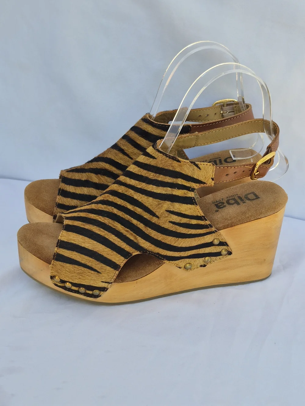 DIBA Zebra Print Leather Cow Fur Women's Wedge Heel Sandals Size 7.5